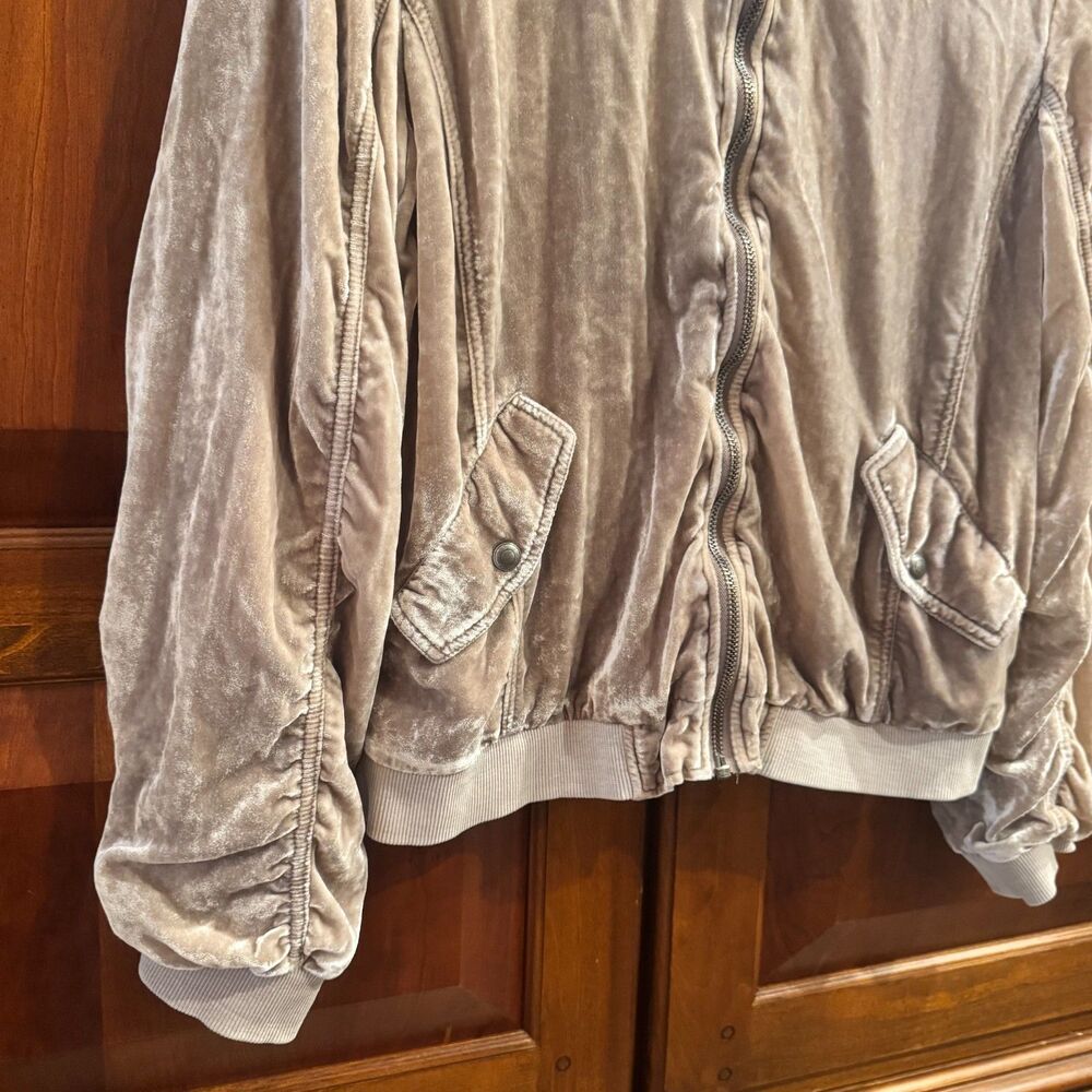 Free People Ruched Velvet Bomber Jacket Taupe Beige Boho Medium - Picture 7 of 16